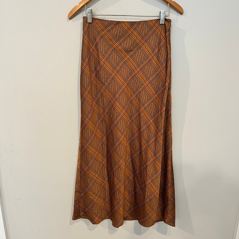 C/MEO COLLECTIVE No Time Skirt Midi Copper Check Size M NWT Plaid Bias Cut